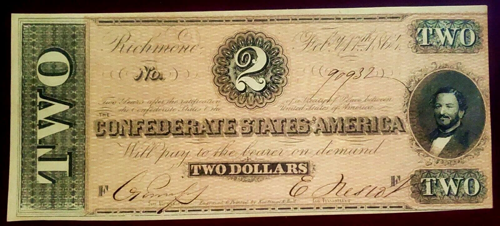 1864 $2 CONFEDERATE STATES CURRENCY~ JUDAH BENJAMIN ~ CHOICE CRISP UNCIRCULATED