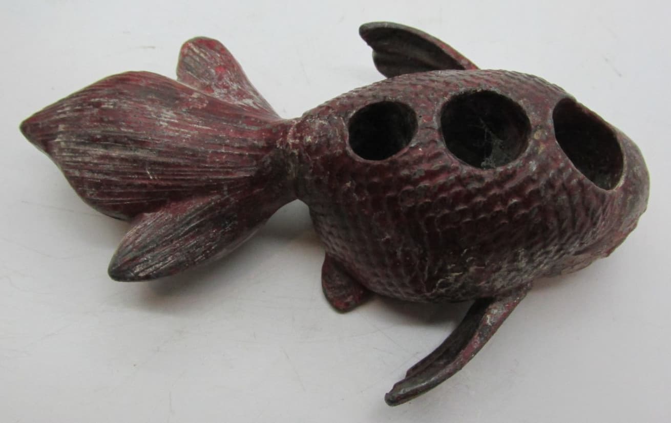 Antique Cast Iron Metal Red Koi Gold Fish Flower Frog Ikebana Flower arranging 3