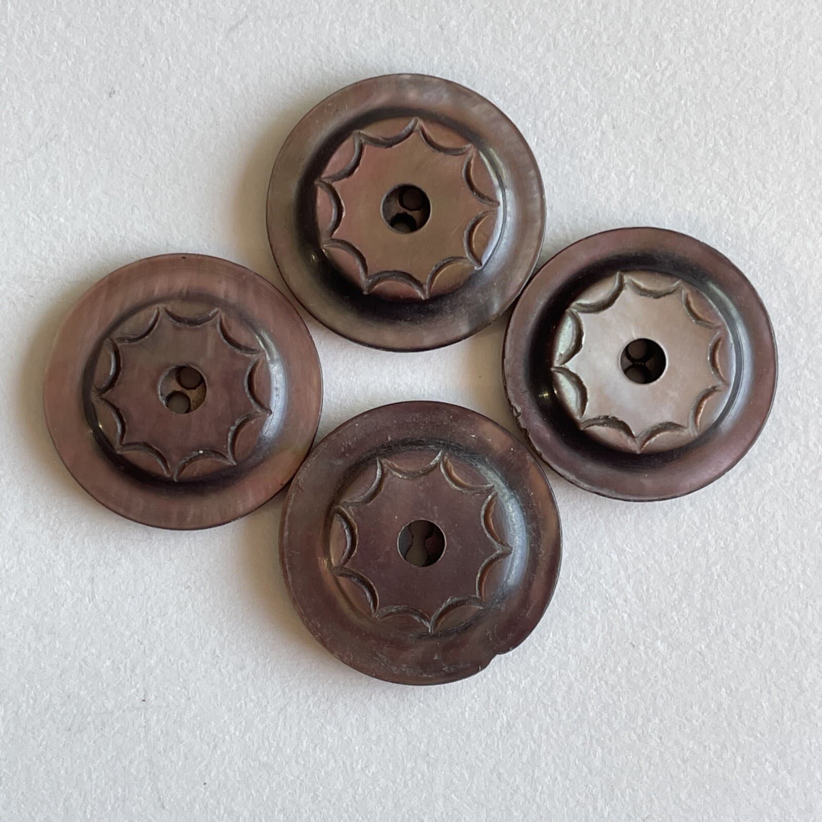 Set Of 4 shell abalone buttons fancy carved Whistle etched 4