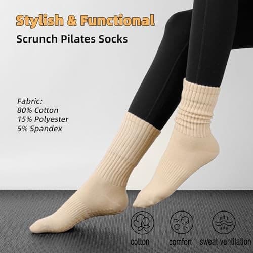Grip Pilates Socks for Women: Non Slip Scrunch Socks 6-11 C01-brown/Khaki/Beige 3
