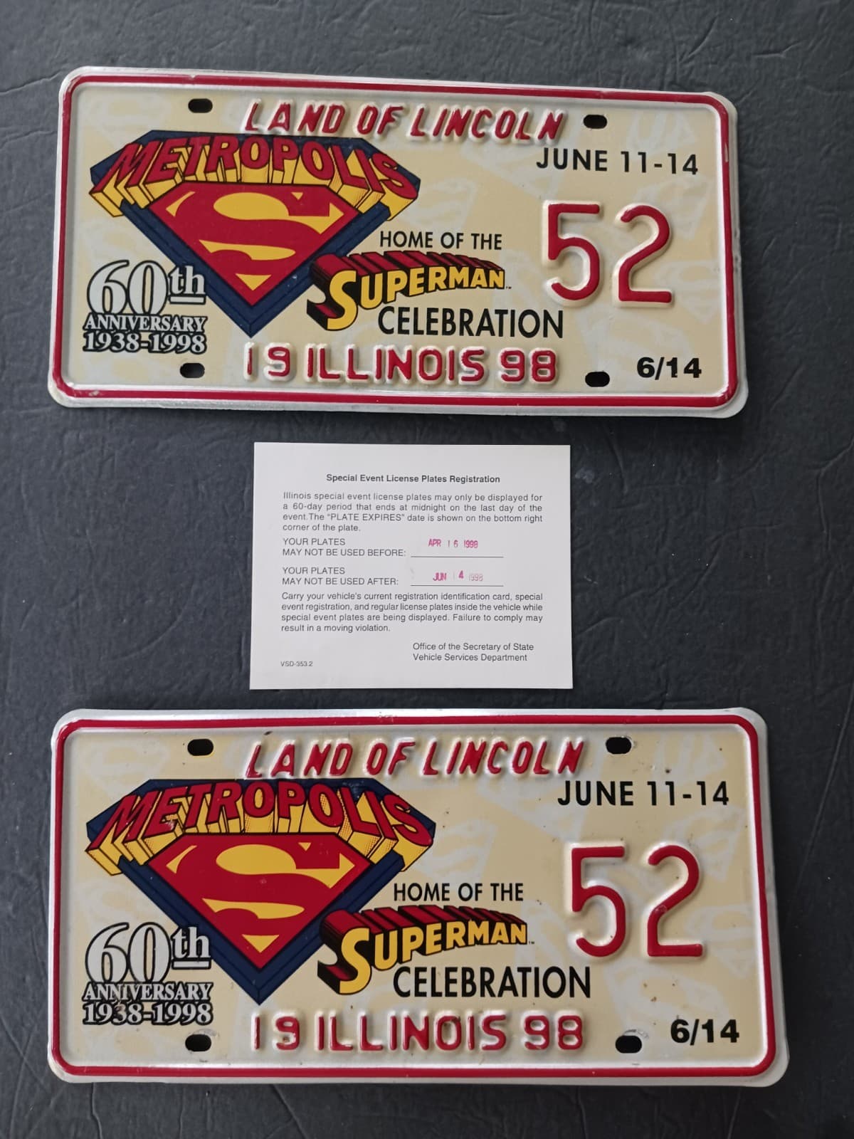 1998 Superman Celebration Illinois License Plate 52 Special Event Plates Pair