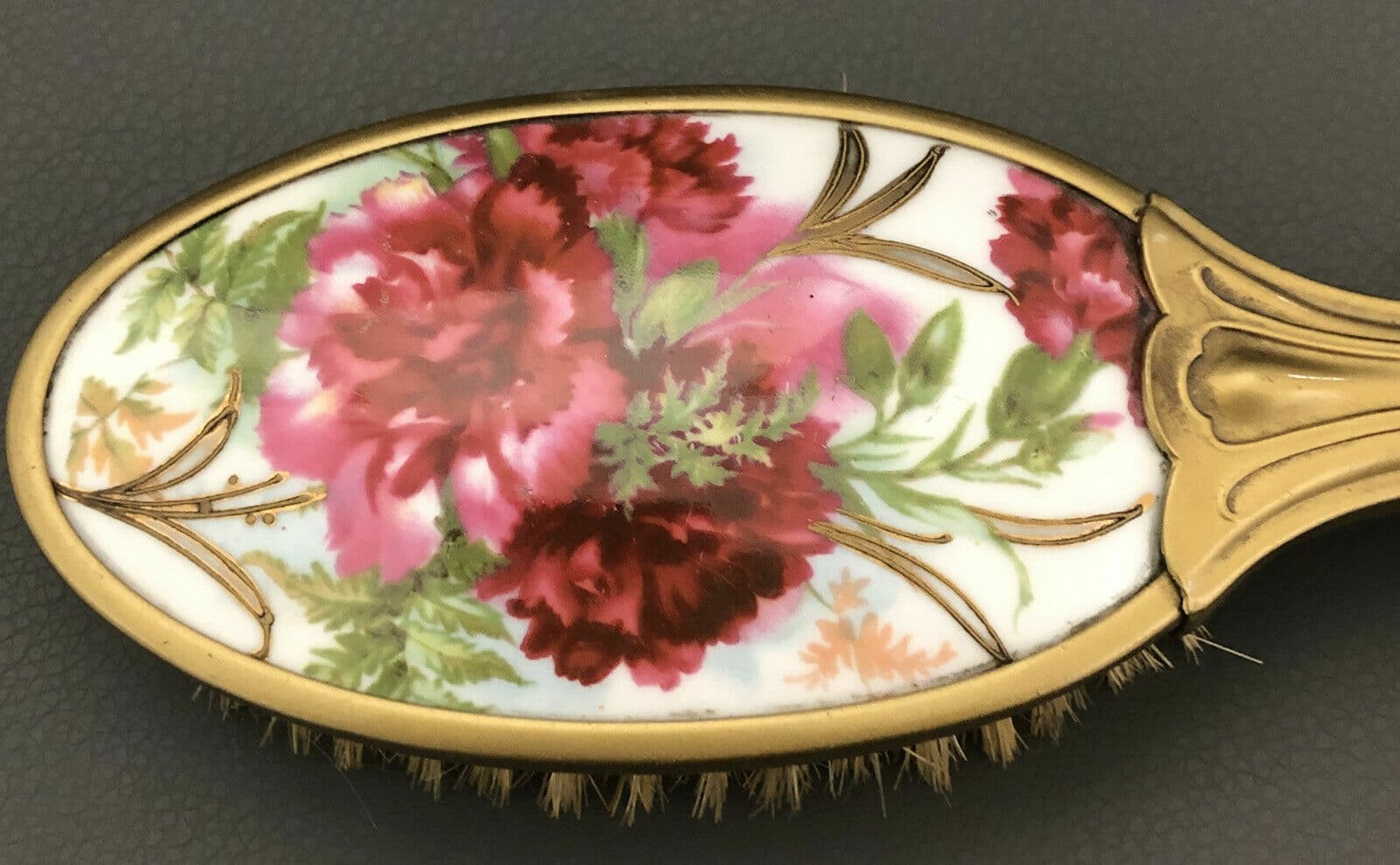 Art Noveau Antique Brush Hand Mirror Comb Set 1905 Porcelain Roses Gold Tone 2