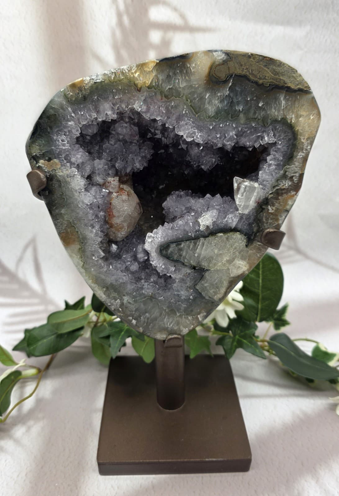Amethyst with Calcite on Metal Stand, Uruguay Amethyst Cluster, Natural Crystal 