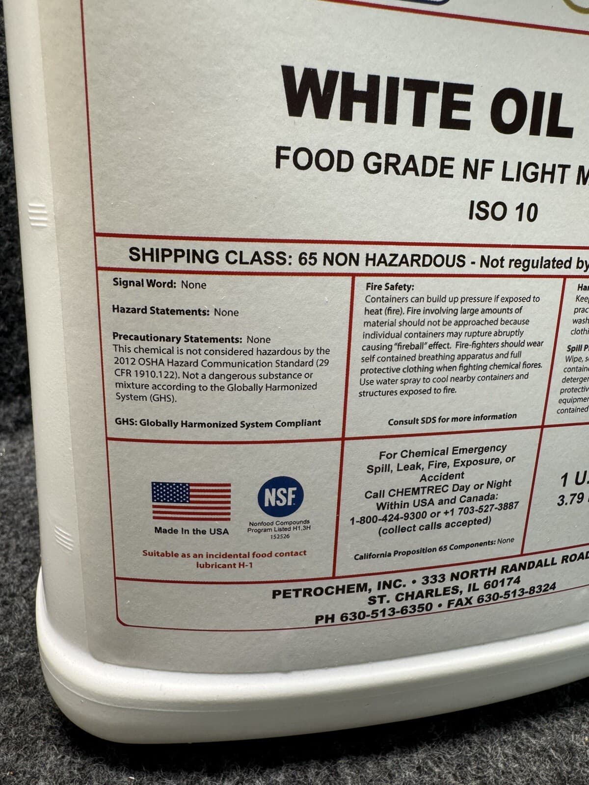 PETROCHEM White Oil FG-10 Hydraulic 1 Gallon Food Grade NF Light Mineral Oil 3