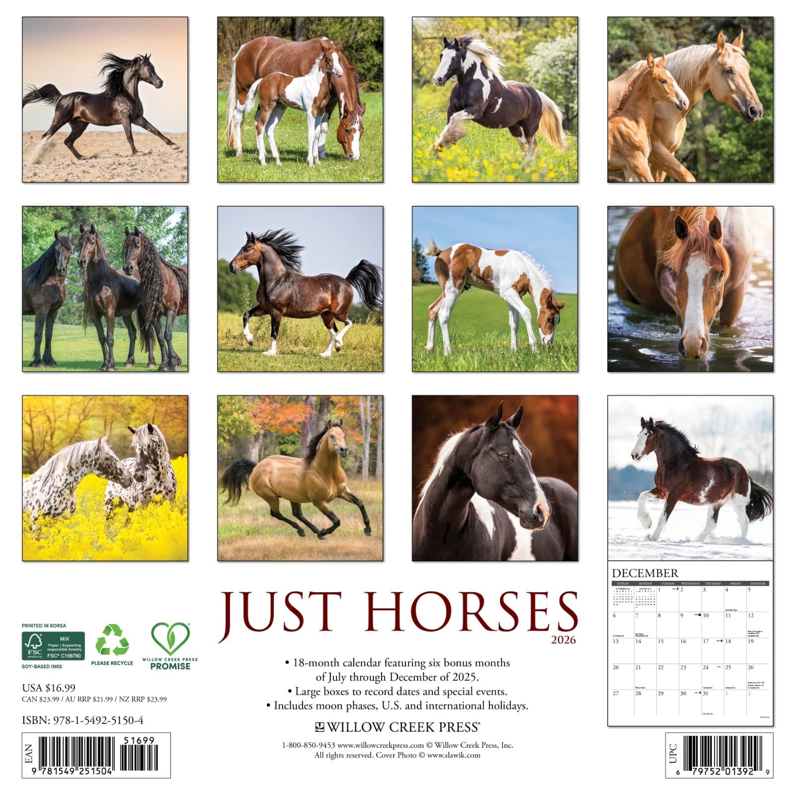 Horses 2026 12" x 12" Wall Calendar (free shipping) 2