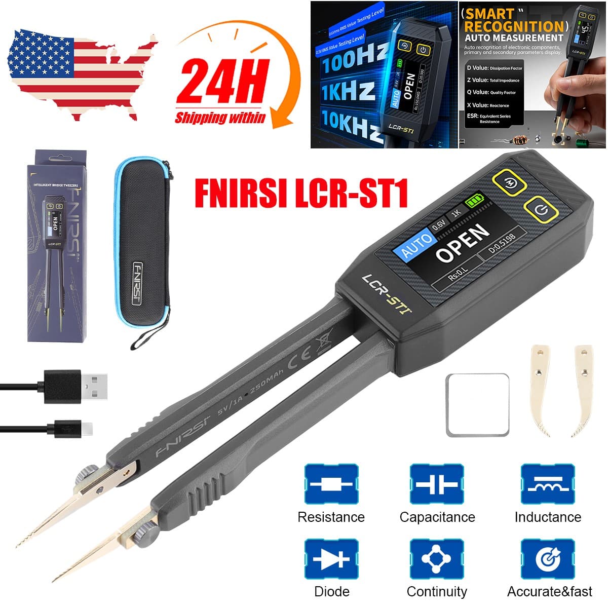 New FNIRSI LCR-ST1 Smart Tweezer LCR ESR SMD Tester Ohm Capacitance Diode Test