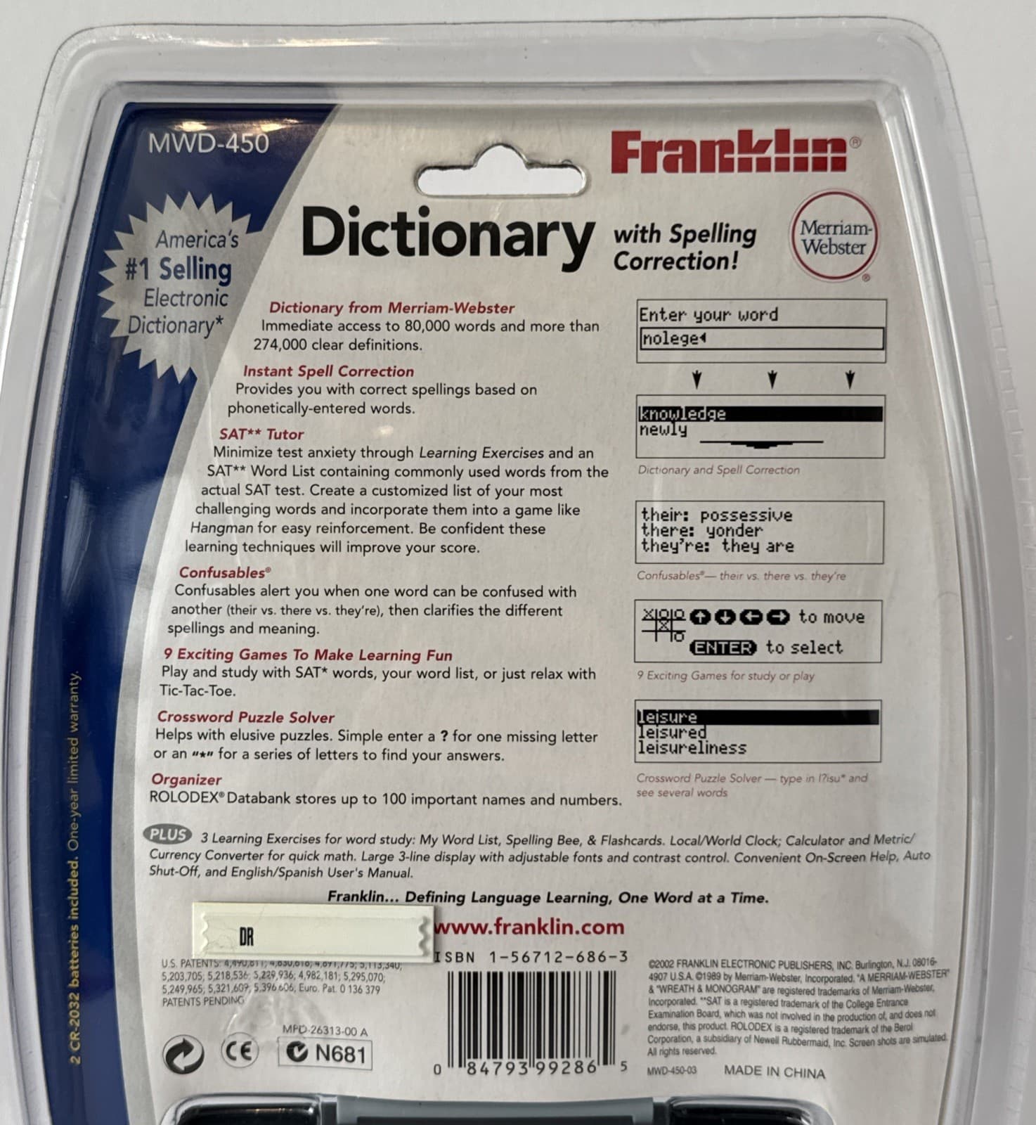 Franklin MWD-450 Dictionary W/ Spell Correction Electronic Marriam Webster NOS 4
