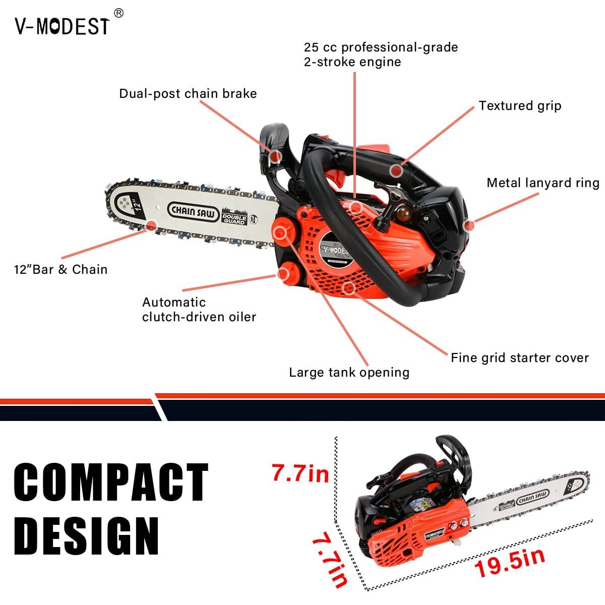 V-MODEST 2511 12" Gas Chainsaw 25cc 1.5HP 2-Cycle Engine Top Handle Climbing Saw 2