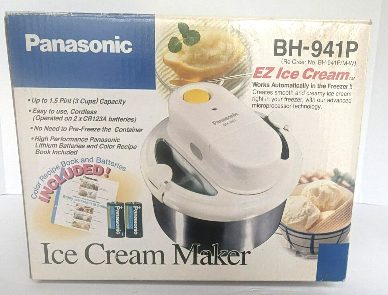 Panasonic BH-941P Ice Cream Maker Recipe Book Cordless 3 Cups New Old Stock 6