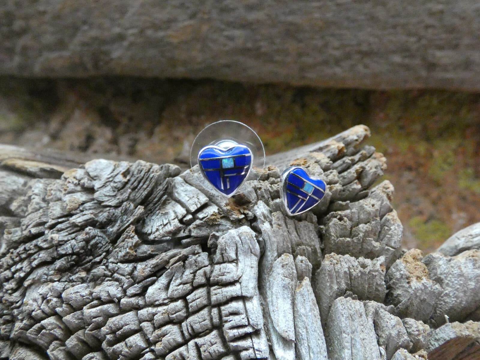 Cute Heart Lapis & Opal Sterling Silver Southwestern Gemstone Post Earrings B67 2