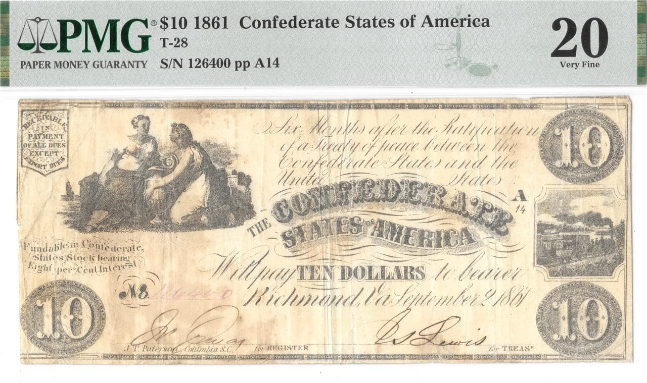 T-28 RARE Watermark Block CSA 1861 $10 Confederate PF-11 PMG VF20 Only 8-9 Known
