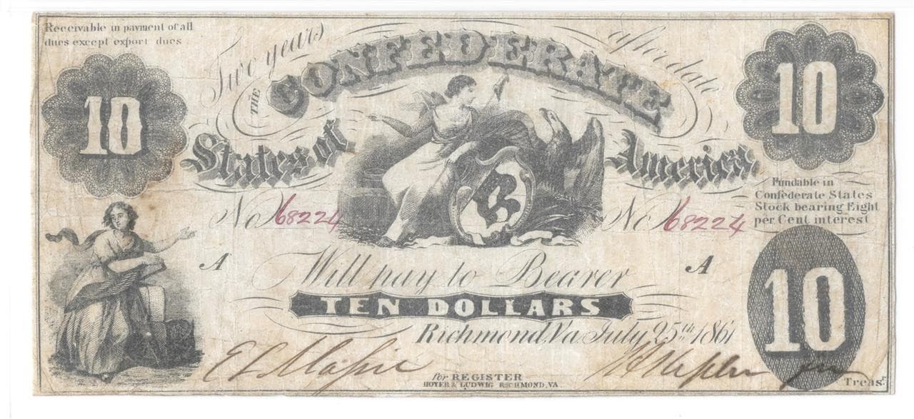 Better Grade for T-10 PF-16 1861 $10 Confederate Civil War Note PMG VF 20 Beauty 2