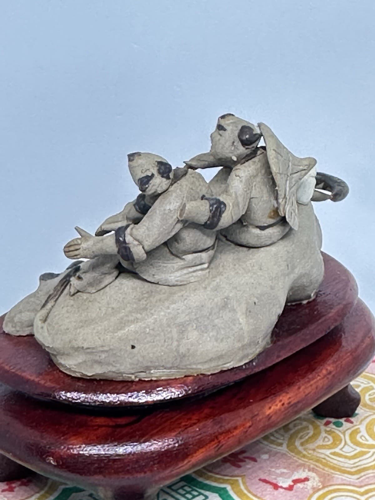 Chinese Miniature Mud Men Two Men on Ox on Base Boxed READ 5