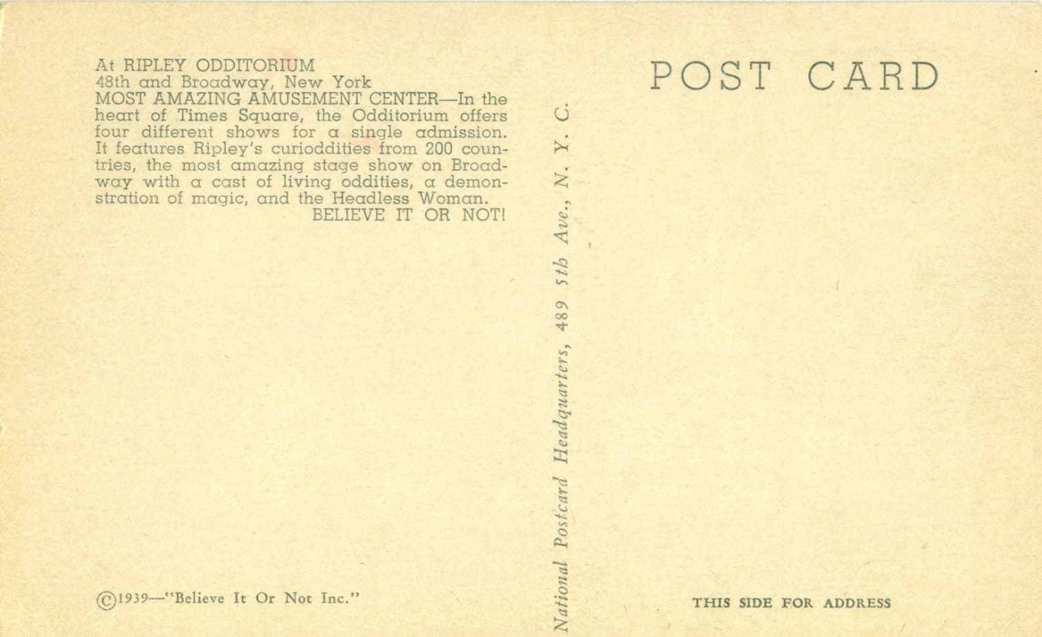 1939 "Ripley's Odditorium - Ripley's Believe it or Not, New York City" Postcard 2