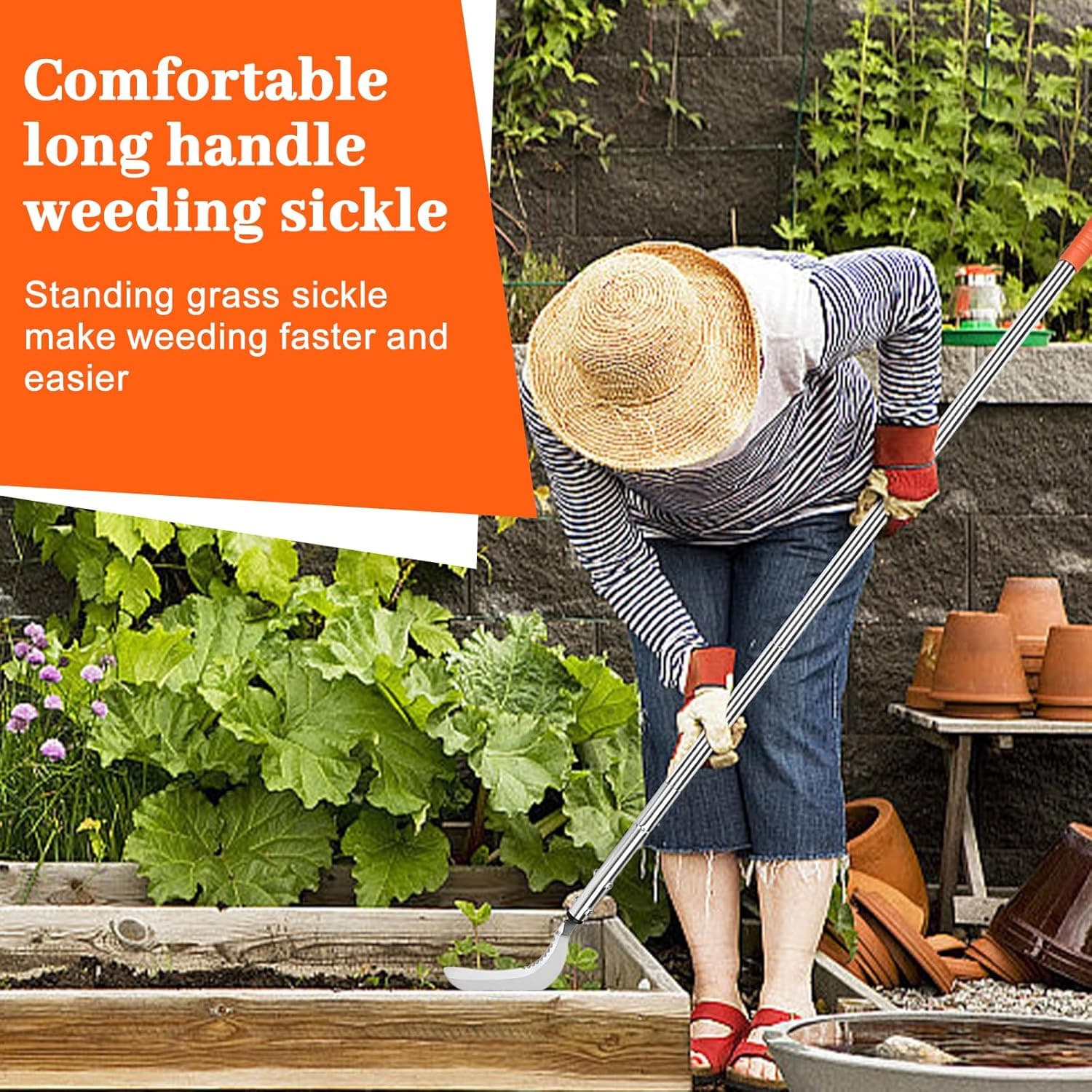 Weeding Sickle,Stainless Steel Long Handle Double Serrated Blade Grass Sickle,St 6