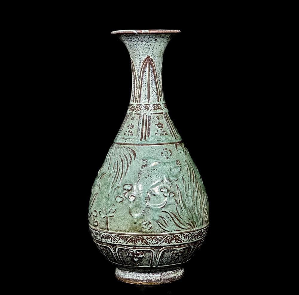 39CM Old Chinese Yaobian Glaze Vase W/fish U1486 6
