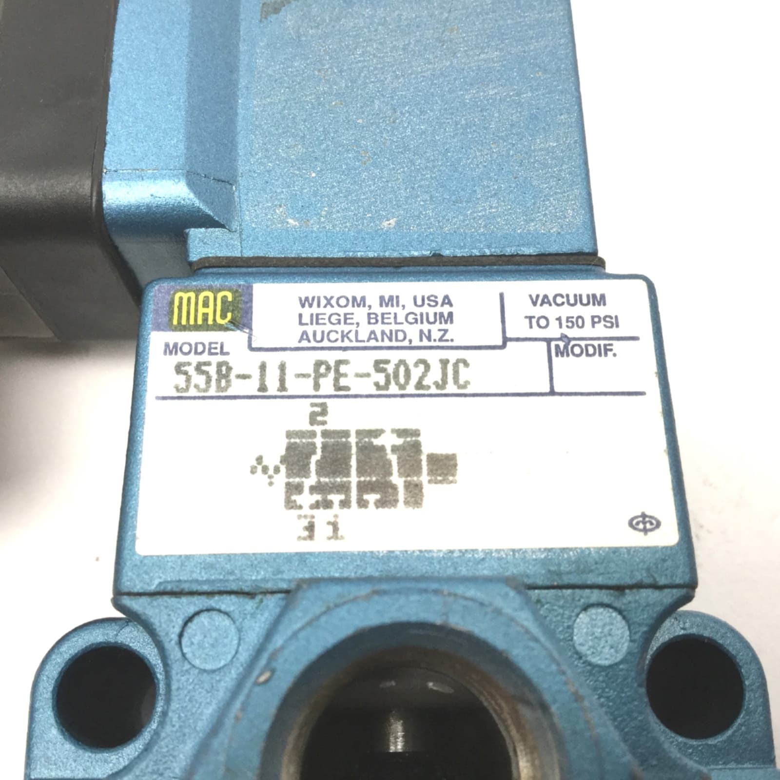 MAC 55B-11-PE-502JC Solenoid Valve Vacuum-150psi, Coil: 24VDC 6W, 1/4"NPTF, N.C. 3