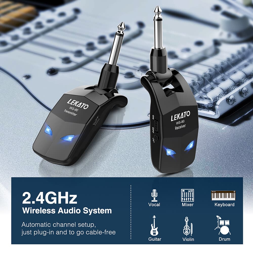 LEKATO Guitar Wireless Transmitter Receiver System 2.4Ghz 4 Channel Rechargeable 4