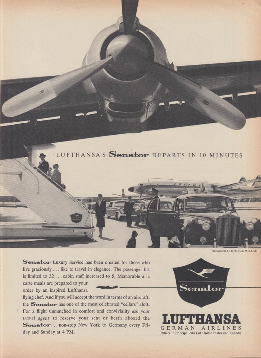 Lufthansa's Lockheed Constellation Senator departs in 10 minutes ad 1958 NY