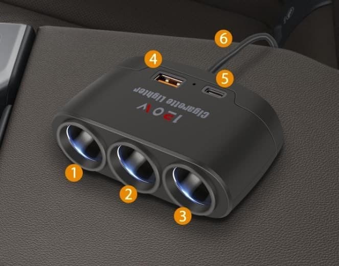 5 in1 Car Cigarette Lighter Splitter Adapter Car Charger 23.6In Cable 24V/ 12V 4