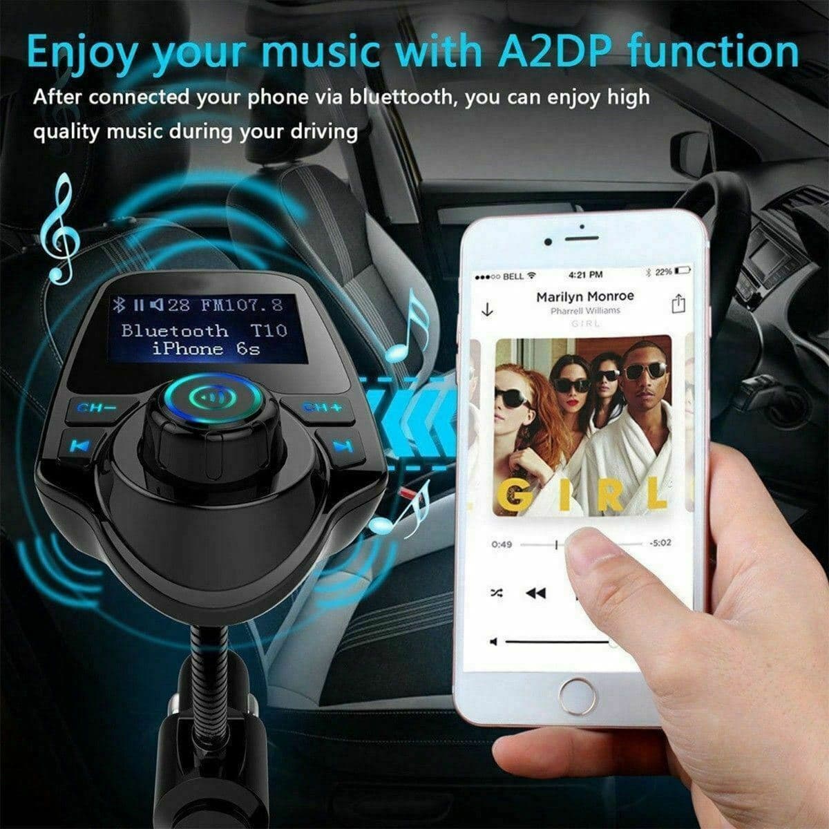 Wireless In-Car Bluetooth FM Transmitter MP3 Radio Adapter Car Kit  USB Charger 5