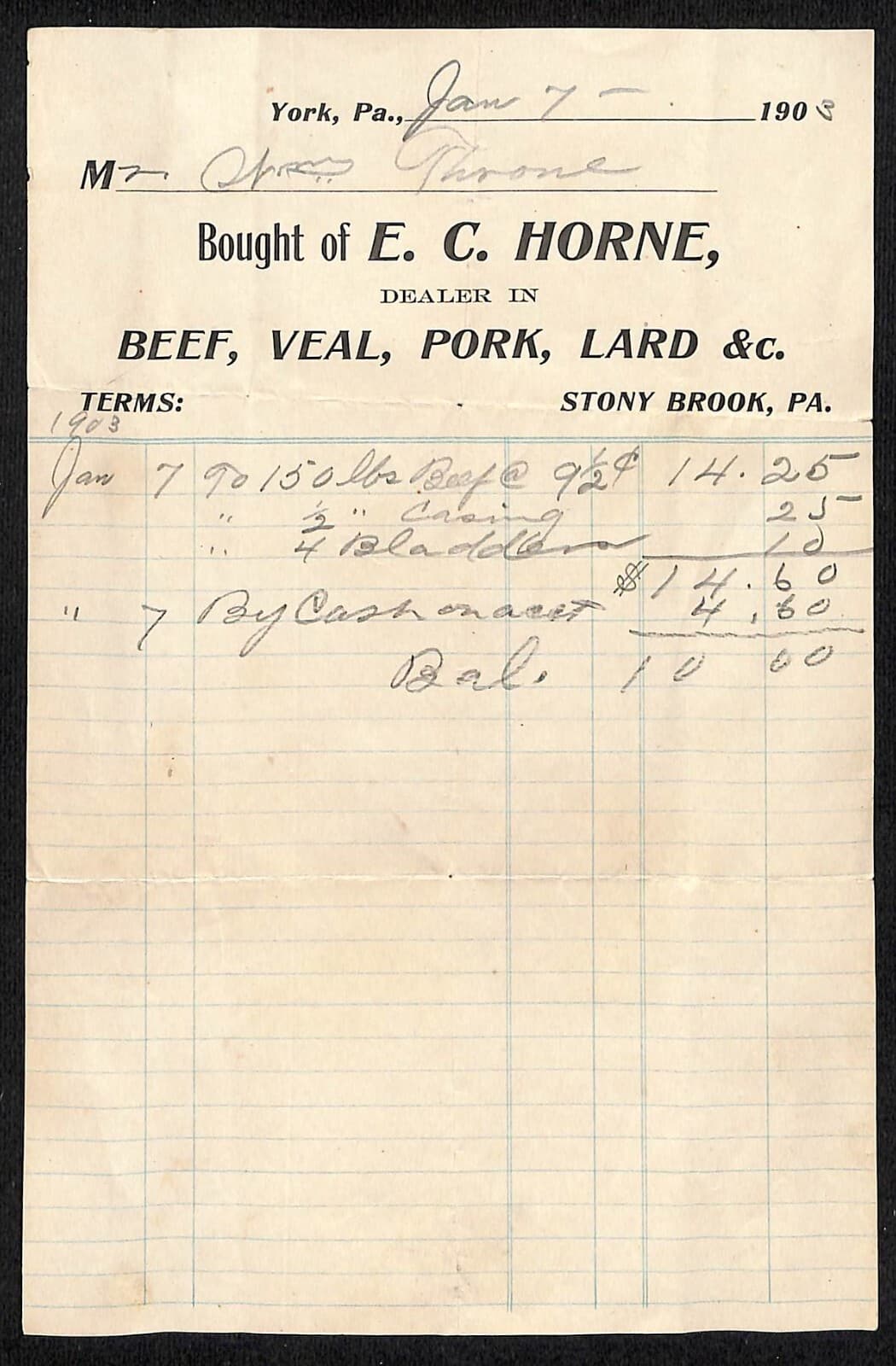 E.C. Horne York, PA Beef Pork Veal Lard Dealer 1903 Billhead Scarce