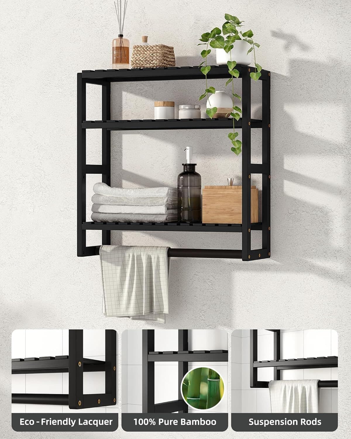 Over Toilet 3-Tier Floating Shelf with Towel Bar, Bamboo, Black 4