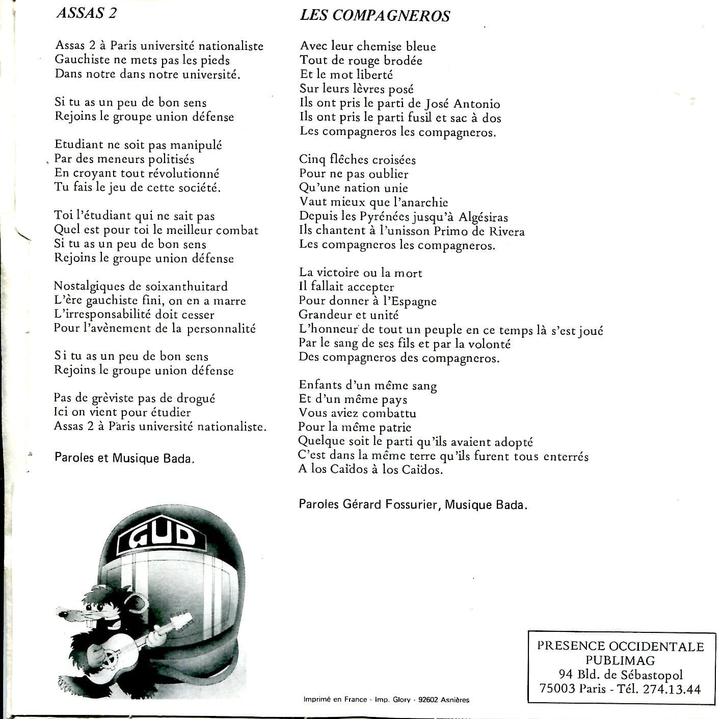 DISQUE DU GUD 45 T vinyle original 1980 -ASSAS 2 Les Compagneros droite Espagne 2