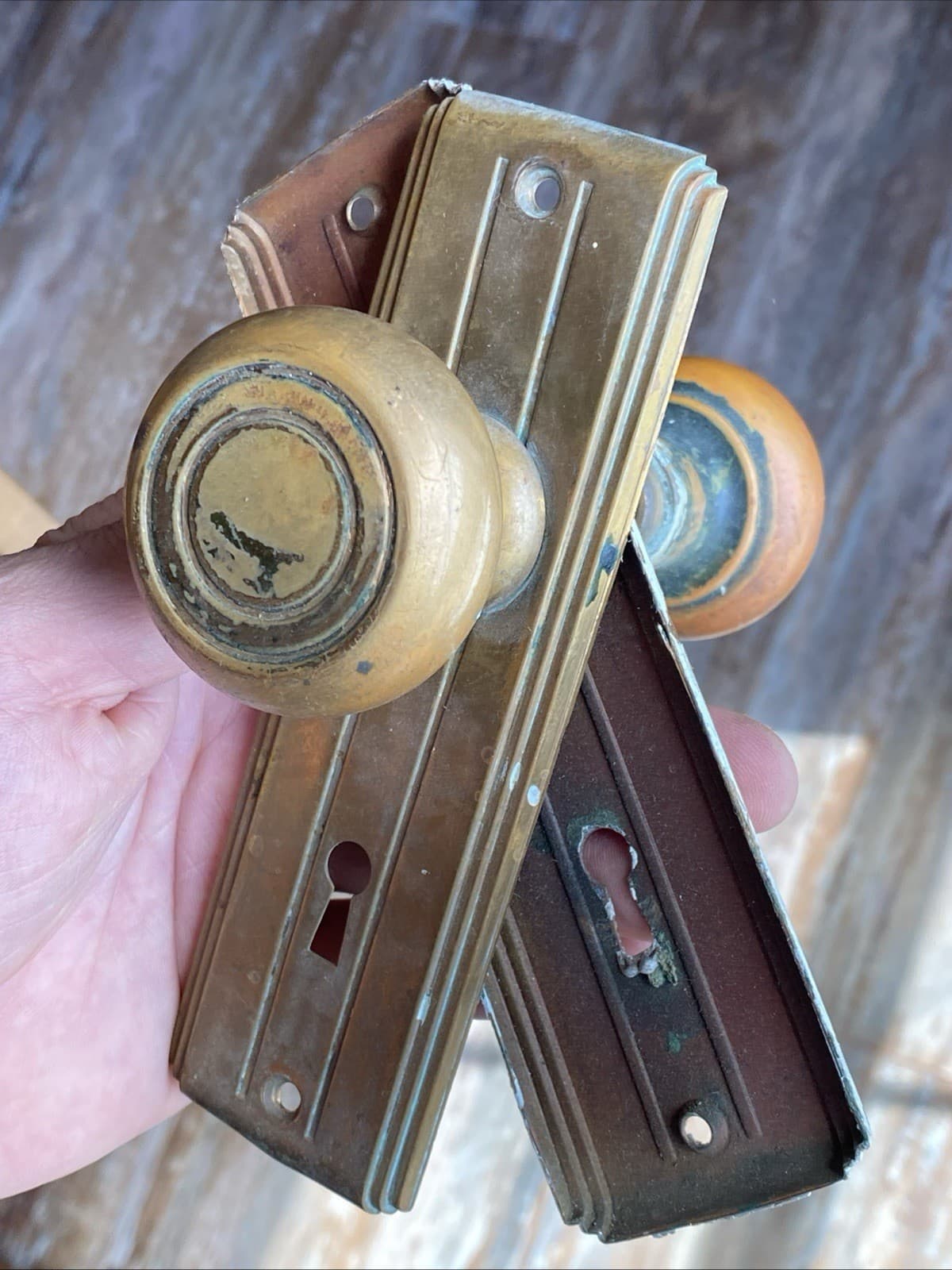 Brass Art Deco Lines Stepped Circles Door Knob Backplates with Key Holes