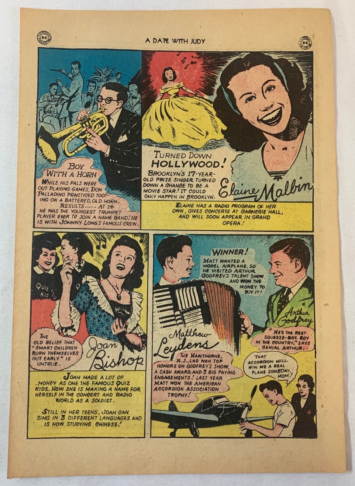 1949 cartoon page ~ DON PALLADINO, ELAINE MALBIN, JOAN BISHOP, ARTHUR GODFREY+