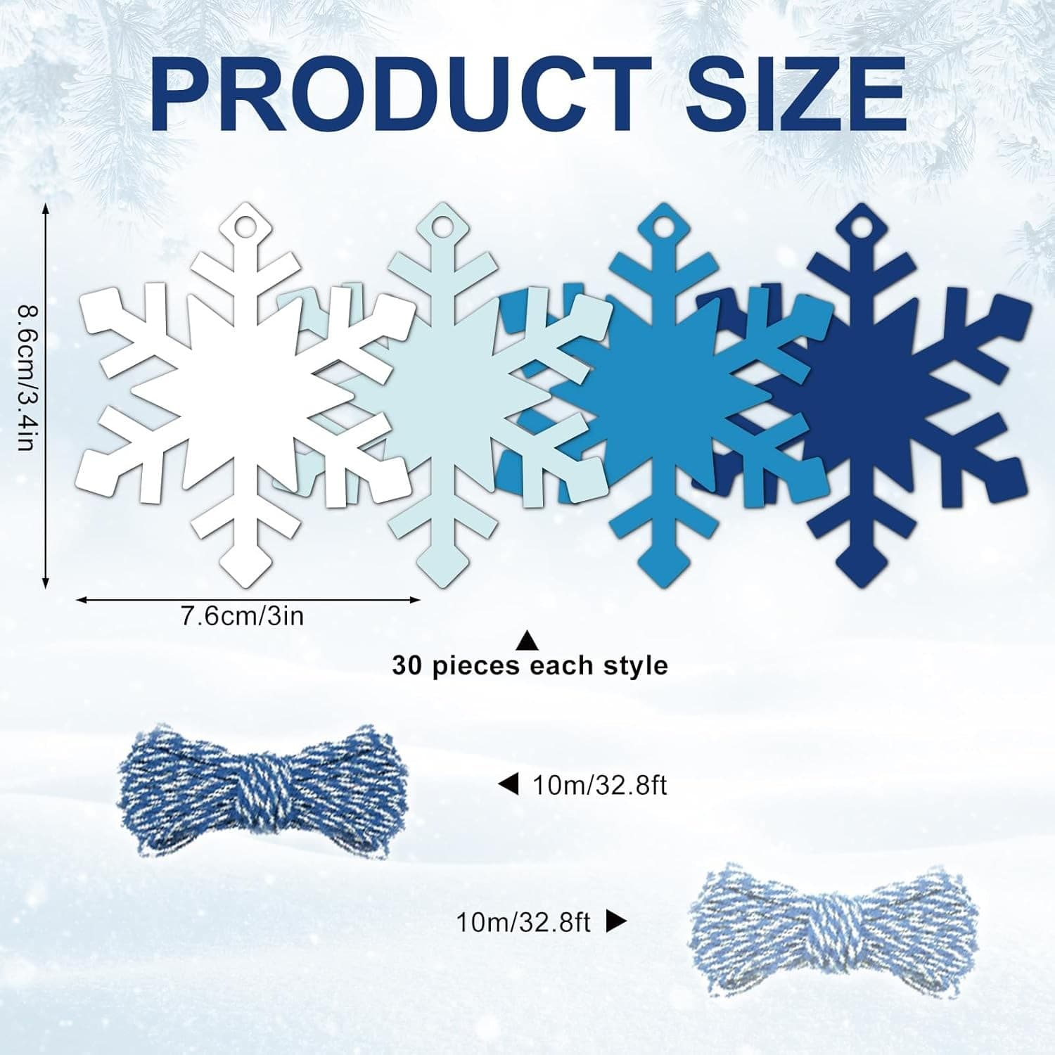 120Pcs Christmas Winter Paper Gift Tags with Hemp Rope White Blue Snowflake Hang 2