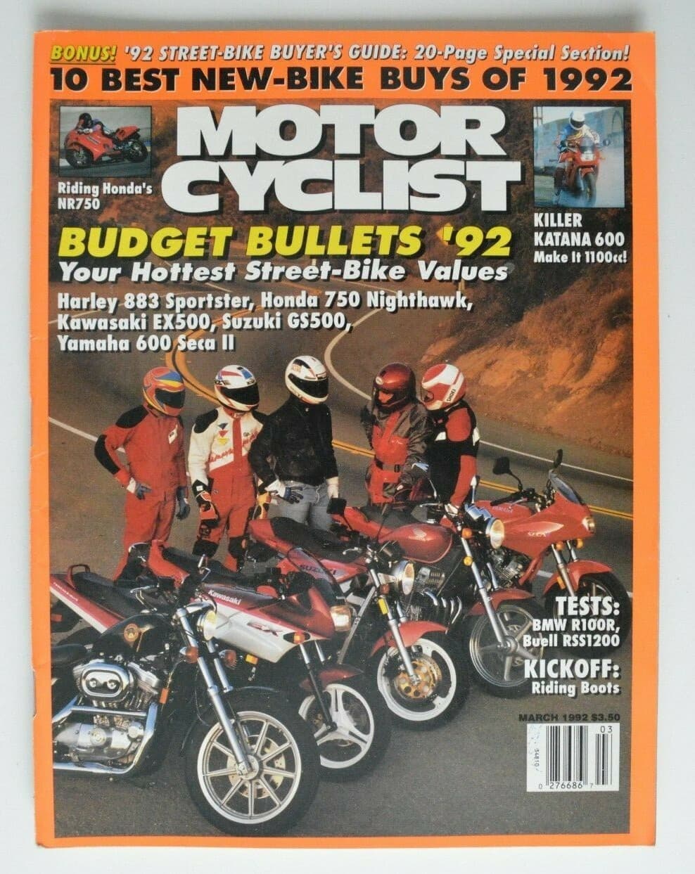 MOTOR CYCLIST March 1992 BMW R100R Buell RSS1200 Harley 883 Sportster Honda 750