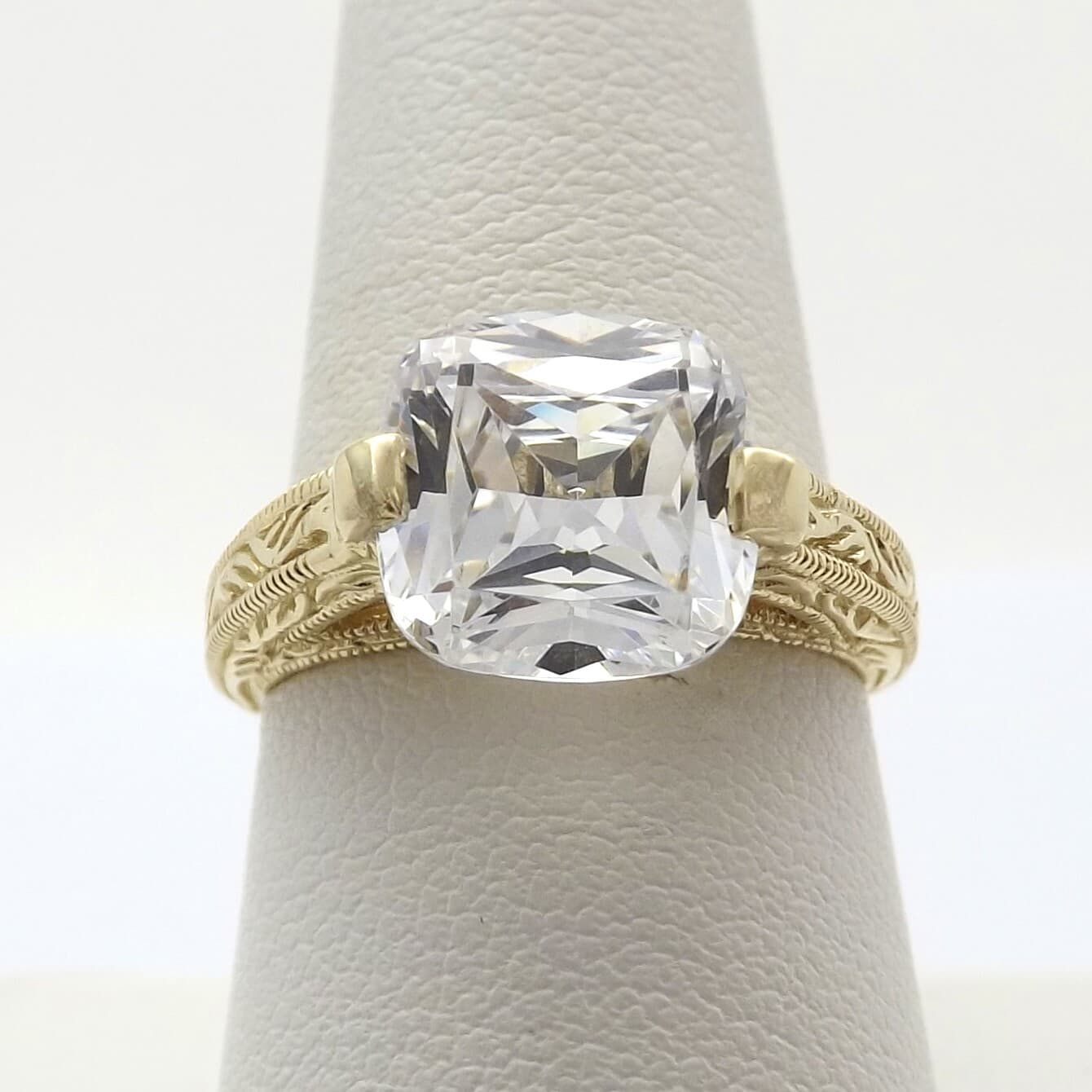 14k Gold Asscher Cut Solitaire Tension Setting Engagement Ring Carved Band 3