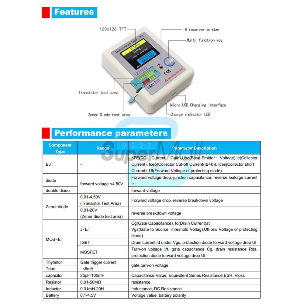 LCR-TC1 Transistor Tester Diode/Triode Capacitance Meter LCR ESR NPN MOSFET US 3