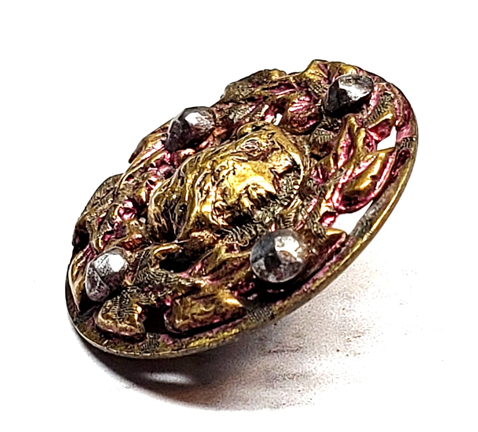 Antique Pierced & Tinted Brass Head Picture Button w/ Faceted Steels ~ 3/4" 18mm 2