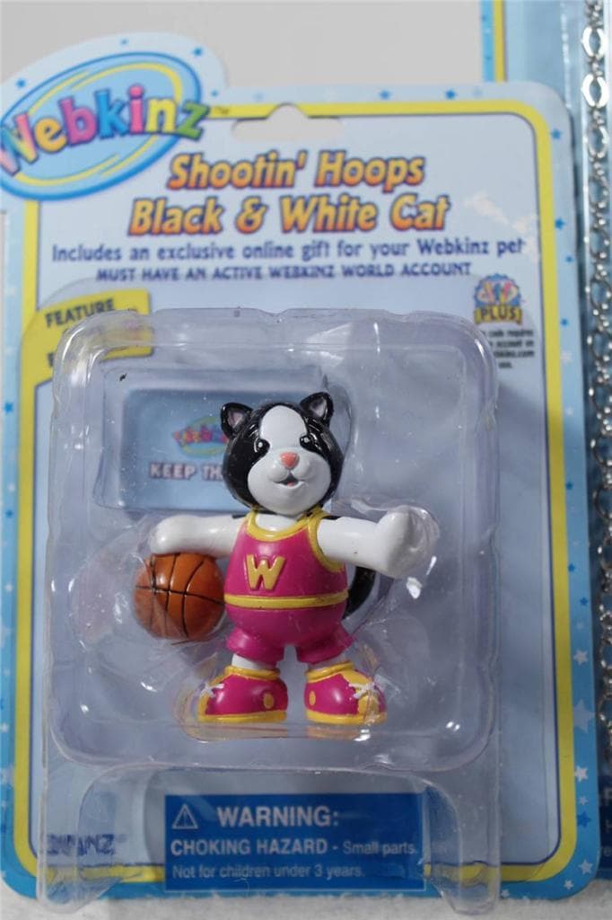 Webkinz Set-3 'Shootin Hoops Blk & Wht Cat Figurine+Necklace+Stickers' All NEW!