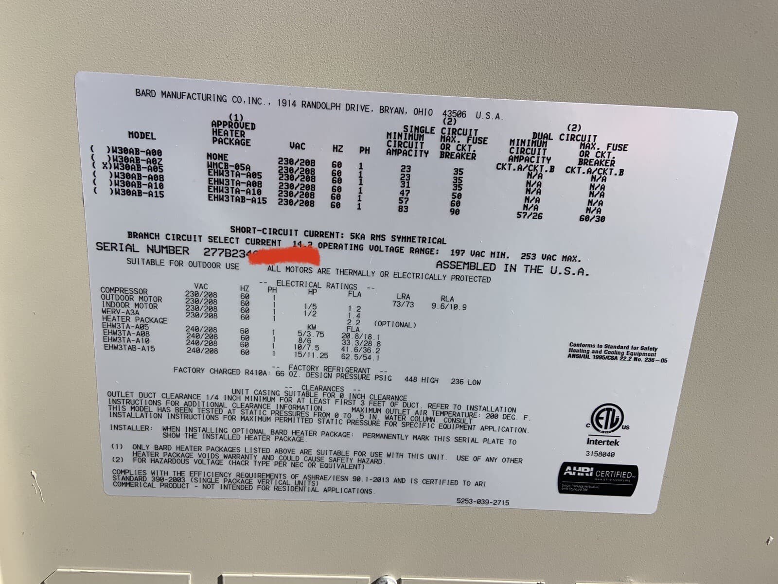 Bard W30AB-A05 2.5 Ton Air Conditioner 6