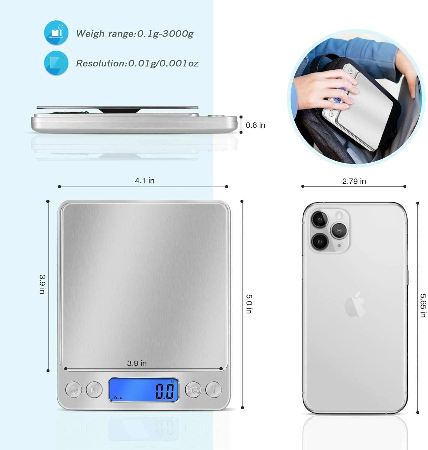 Digital Scale 3000g x 0.1g Jewelry Gold Silver Coin Gram Pocket Size Herb Grain 3
