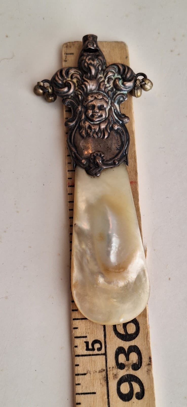Antique Fancy Baby Rattle w/t Nanny Whistle & Mother of Pearl  Teething Ring 3