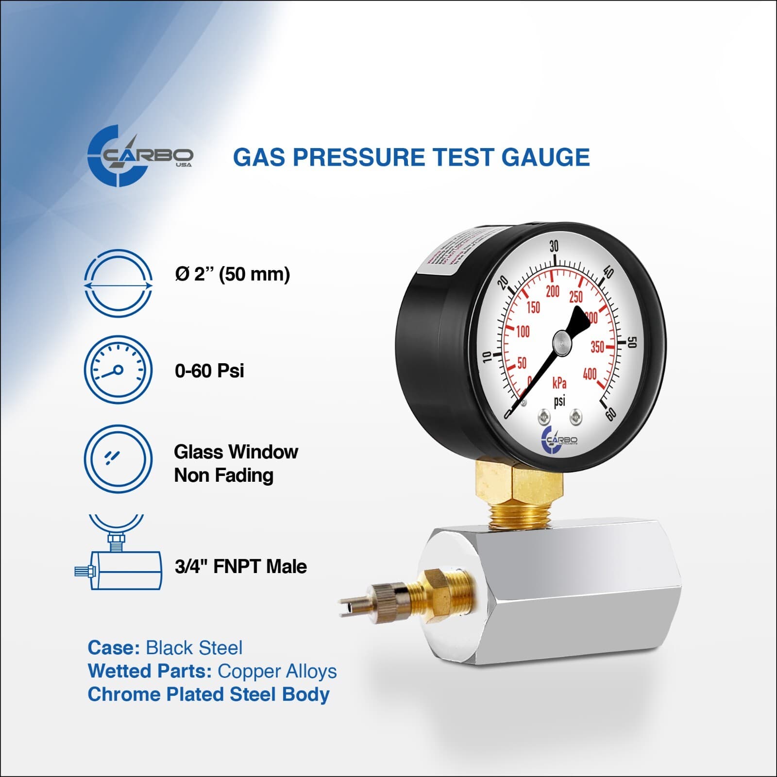 Gas Test Pressure Gauge 60 Pound, 60 PSI / 400kPa 3/4” FNPT Connection Assymbly 2