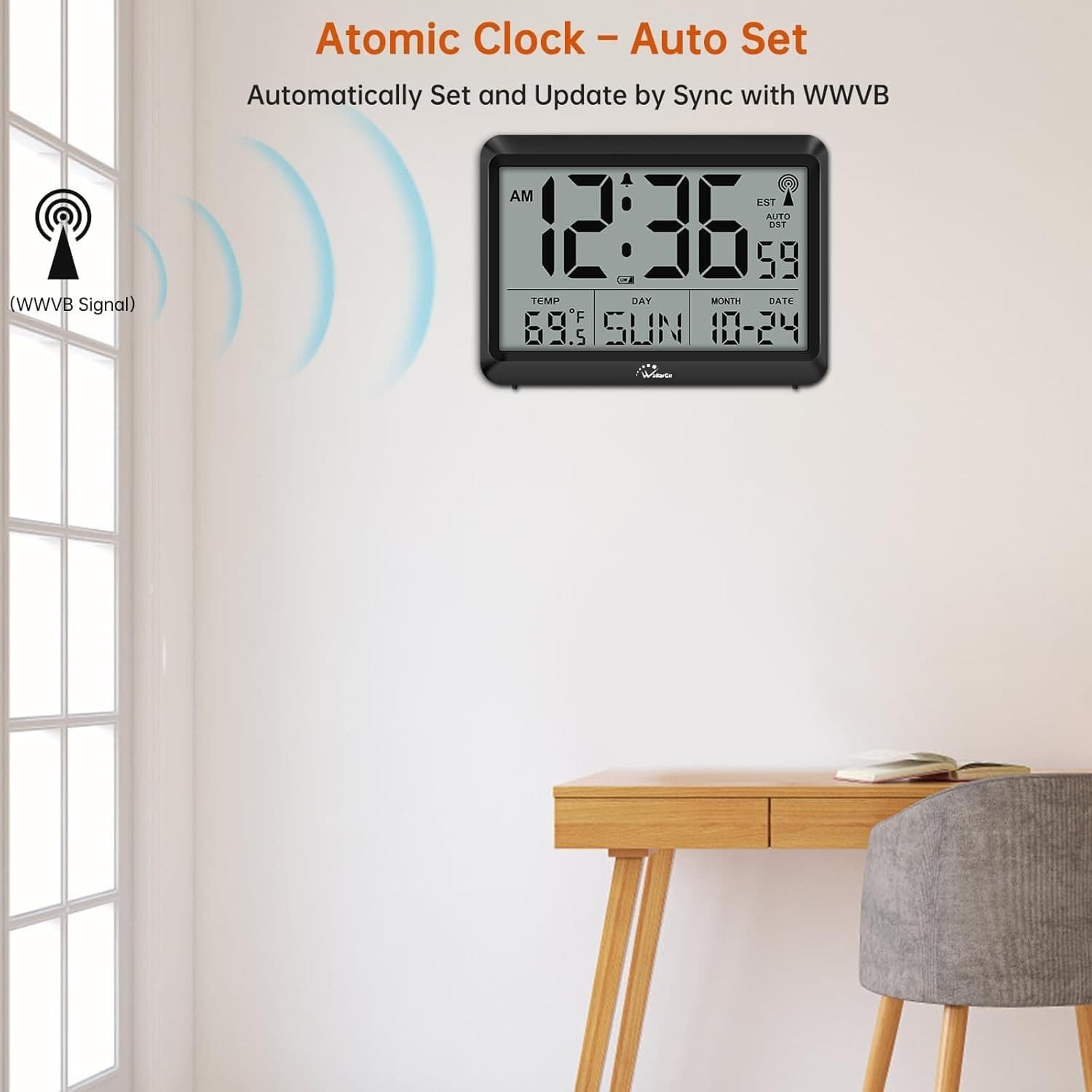 Atomic Wall Clock W Temperature, Humidity, Large Display, Battery Operated,Alarm 2