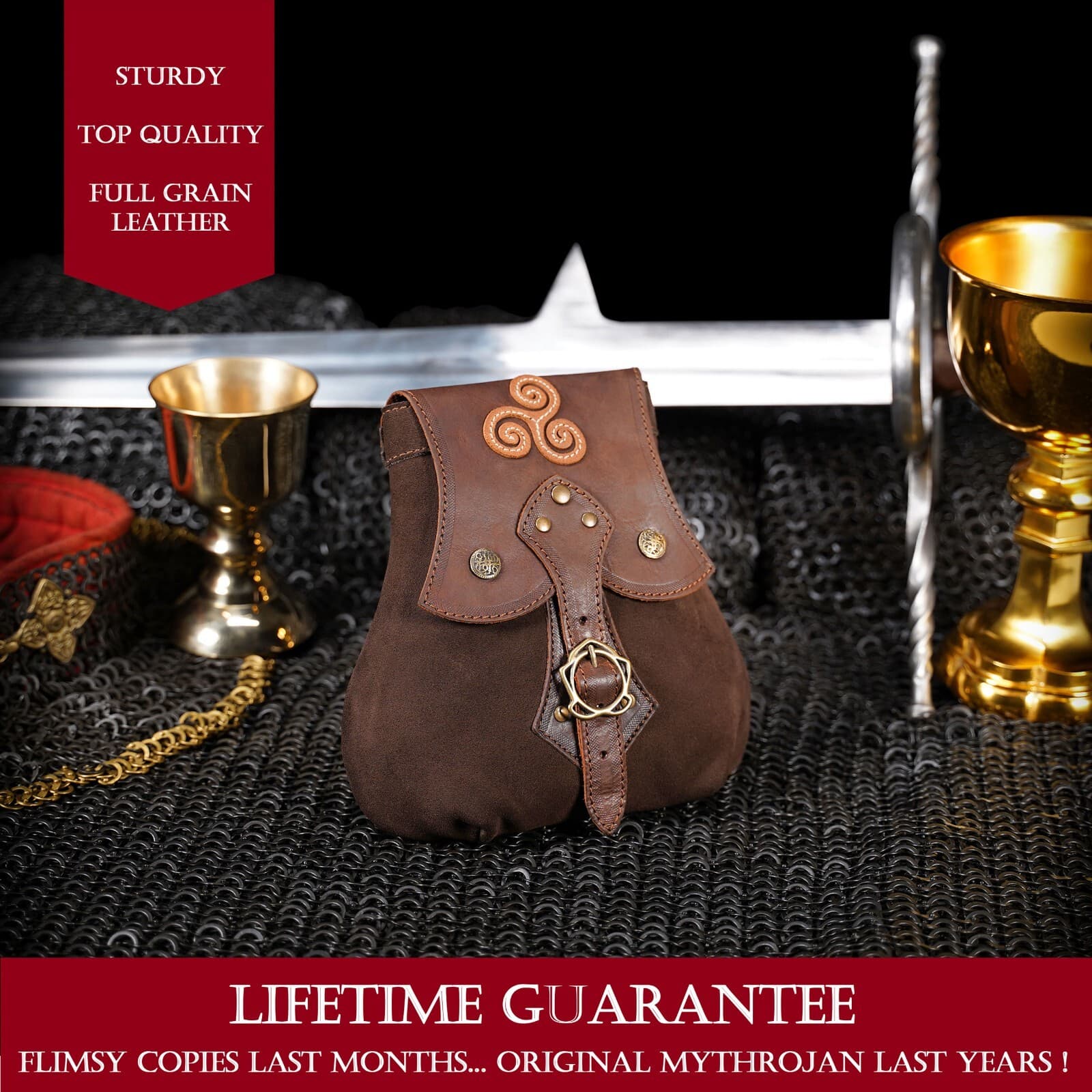 Medieval Stalwart Warrior Leather Pouch With Celtic Spiral Made in Spain Brown 6