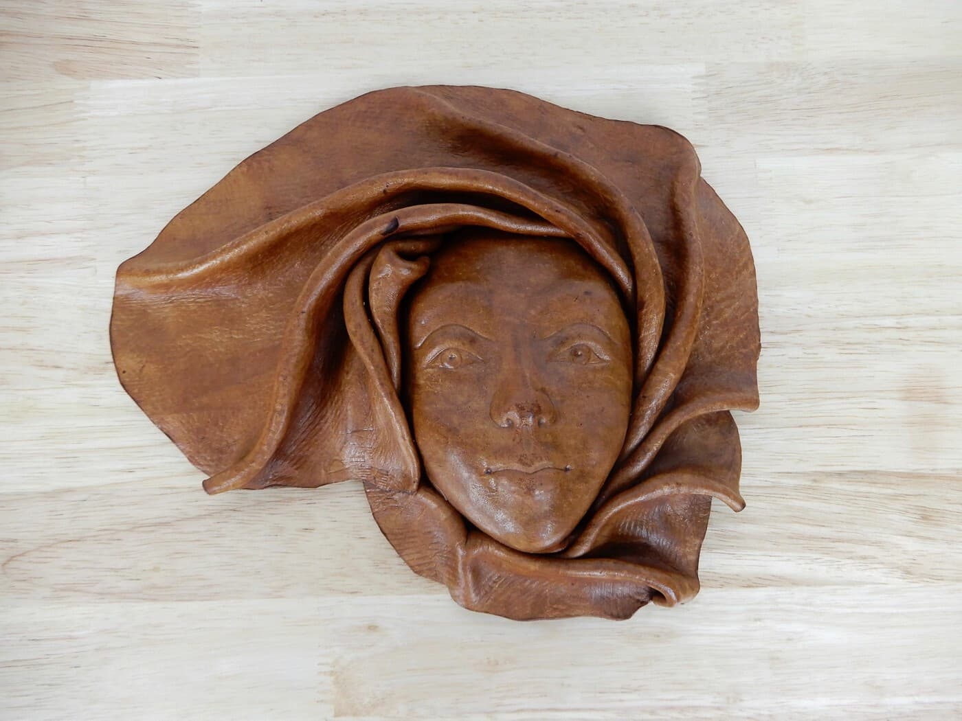 Vintage Leather Wall Mask Woman's Face Handcrafted Sculpture