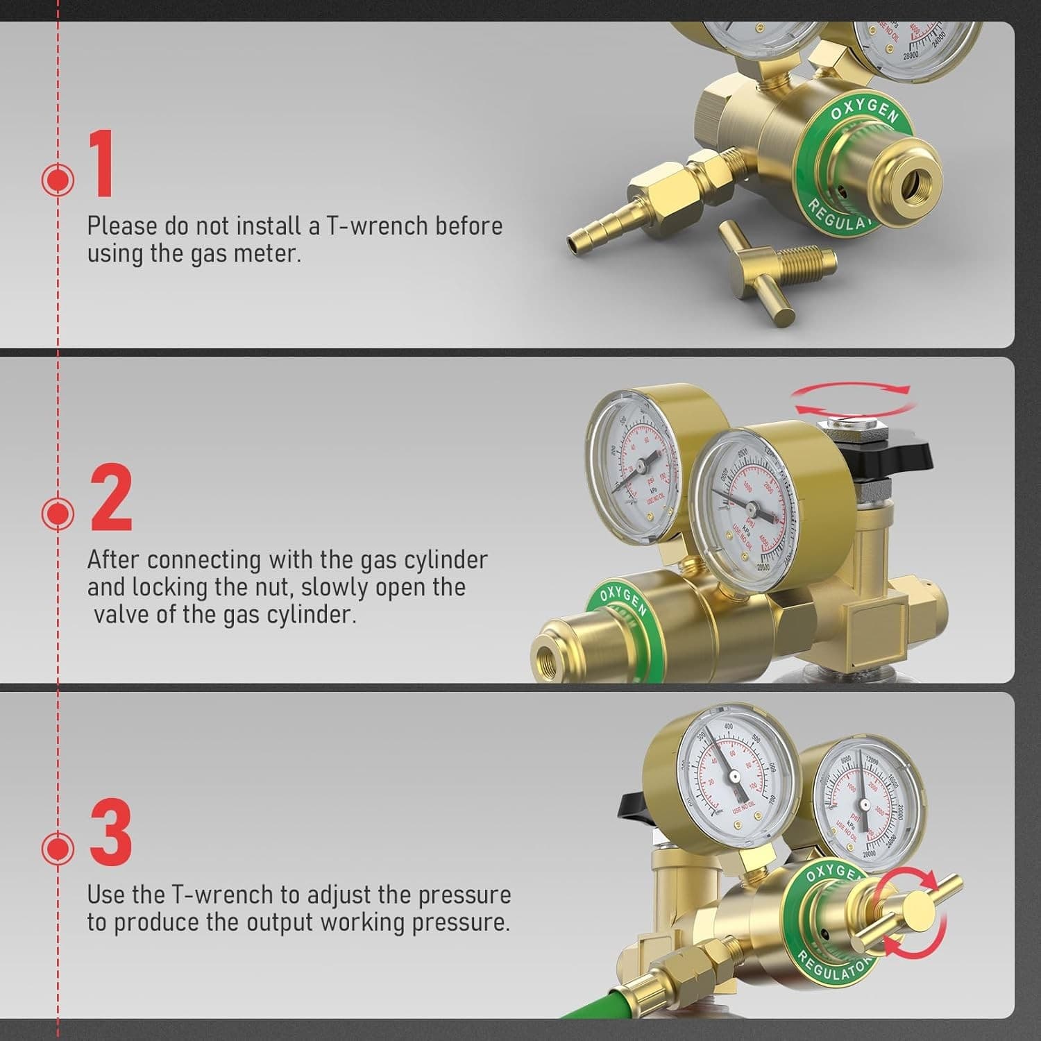 Oxygen Regulator CGA540 0-4000PSI 0-100PSI Gauges with T-Handle & Hose Connector 4