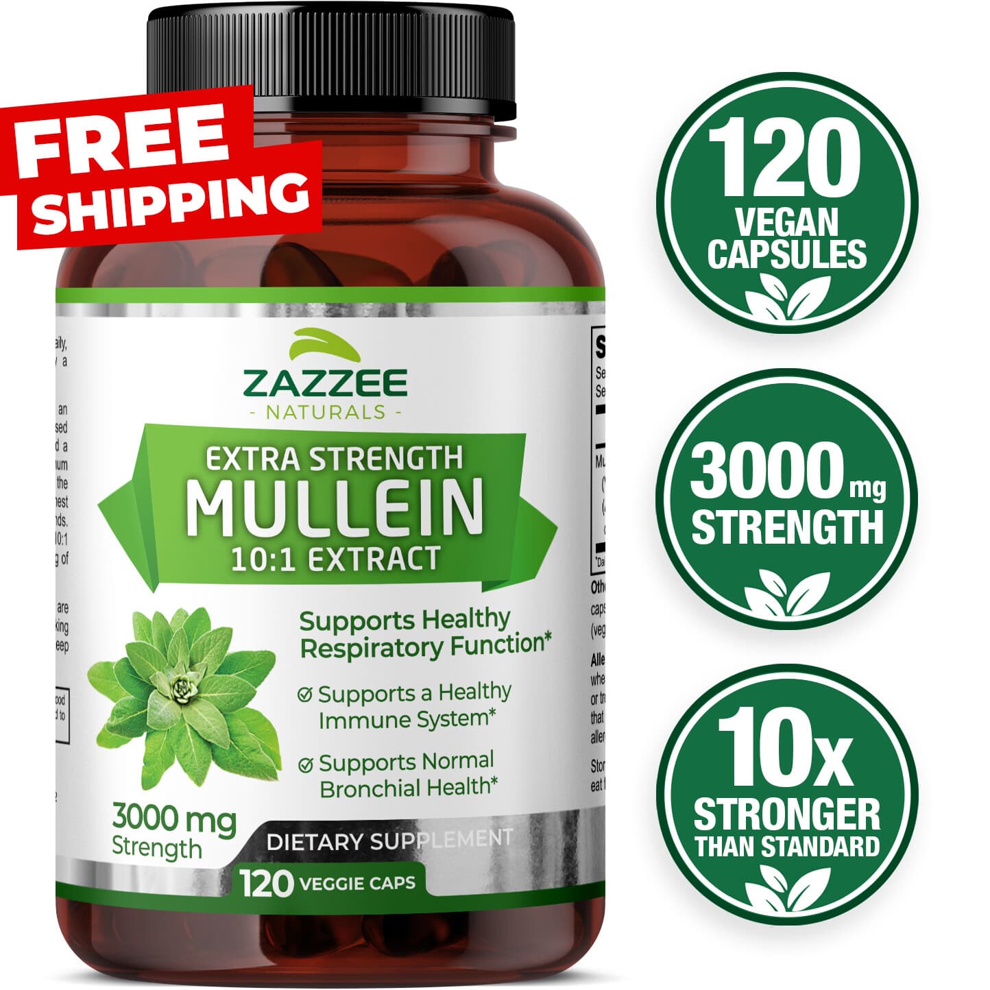 Zazzee Extra Strength Mullein 10:1 Extract, 3000 mg Strength, 120 Vegan Capsules