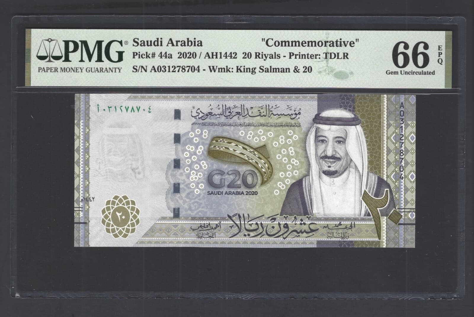 Saudi Arabia 20 Riyals 2020/AH1442 P44a Uncirculated Grade 66