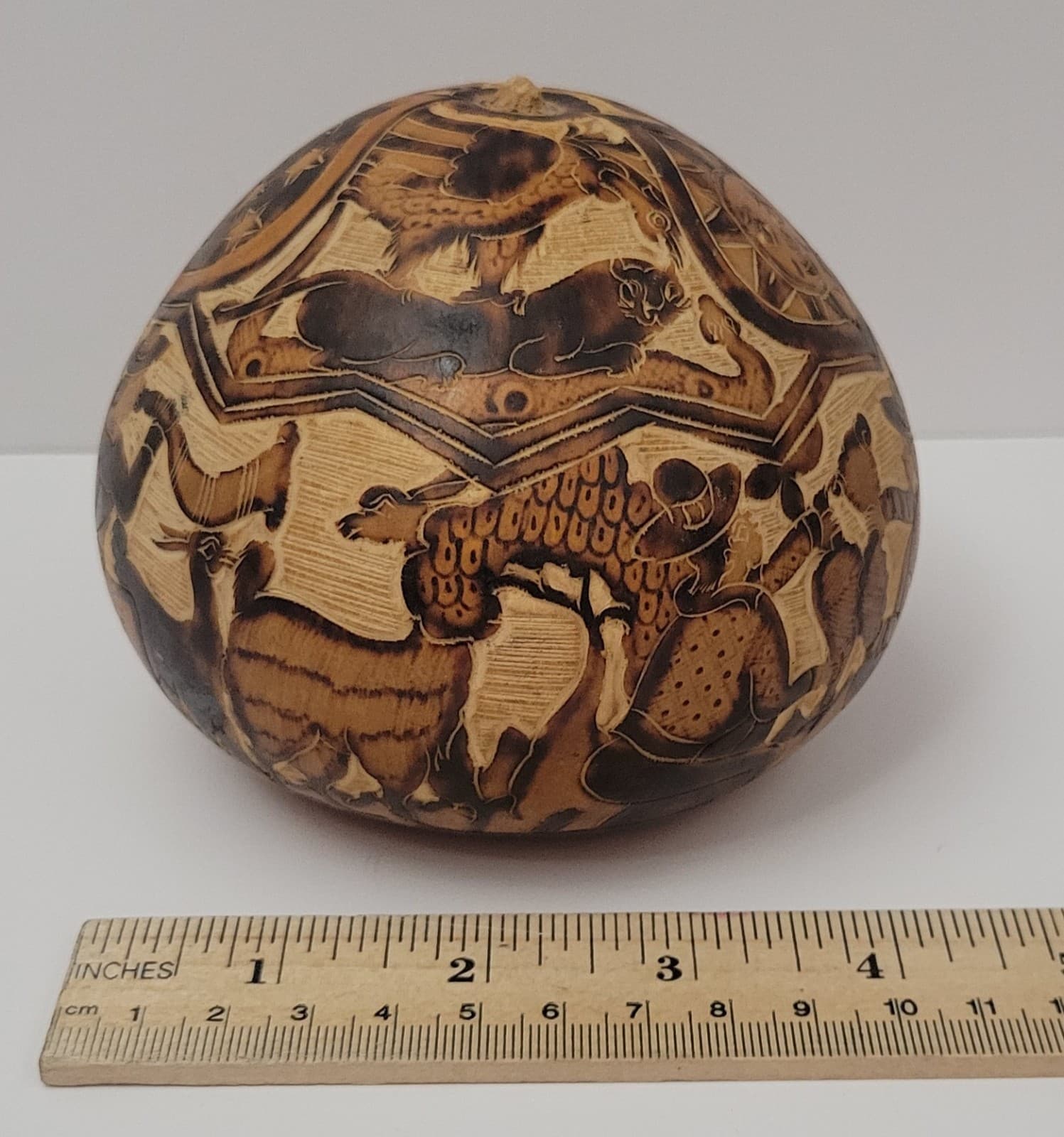 Peruvian Carved Gourd Primative Art 6
