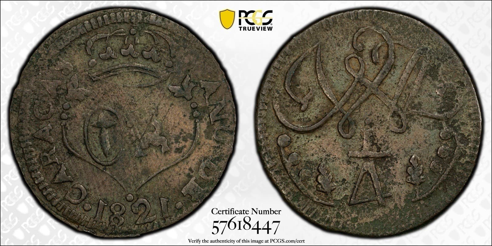 1821 Venezuela Caracas 1/4 Real PCGS Genuine VF Detail C-2 Gold Shield Secure 2