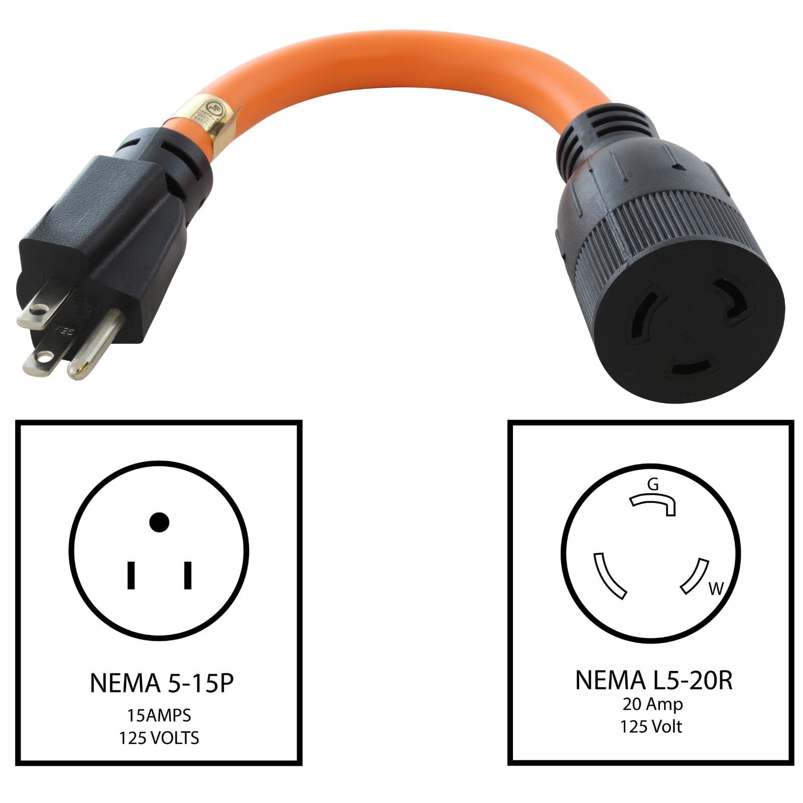 15 Amp NEMA 5-15 Plug to 20 Amp NEMA L5-20 Female Adapter Cord by AC WORKS® 2
