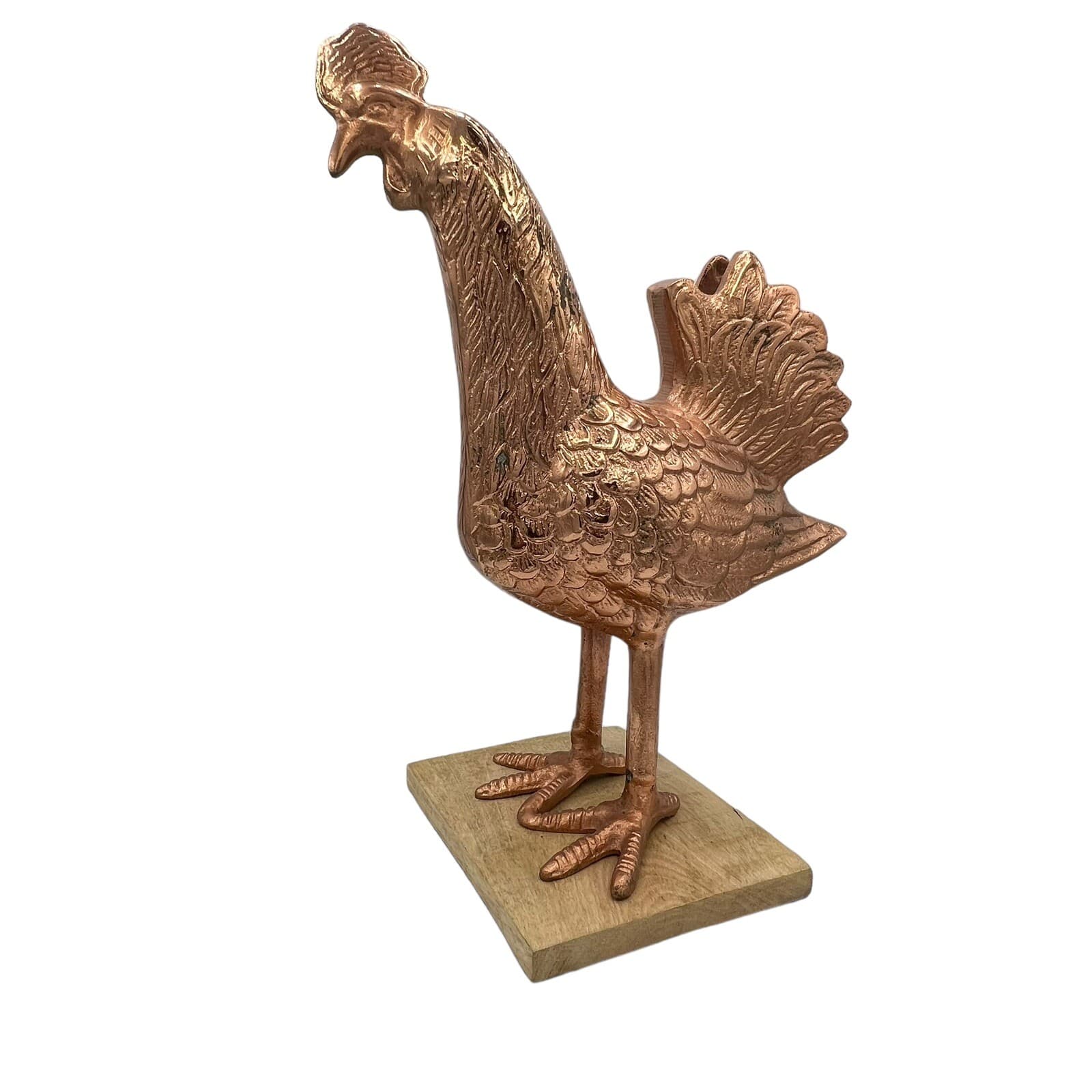 Large Rooster Chicken Bird Copper Cast Metal 15" Tall on Wood Platform Figure